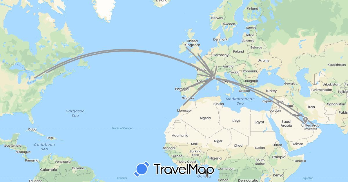 TravelMap itinerary: plane in United Arab Emirates, Canada, Switzerland, Spain, France, United Kingdom, Ireland, Italy, Morocco, Portugal, Qatar (Africa, Asia, Europe, North America)